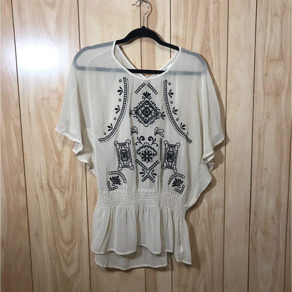 Forever 21 Beige Embroidered Sheer Scoop Neck Wing Sleeve Top M